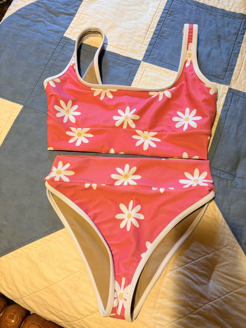 LainSnow Pink Daisy Two-Piece Bikini with White Trim